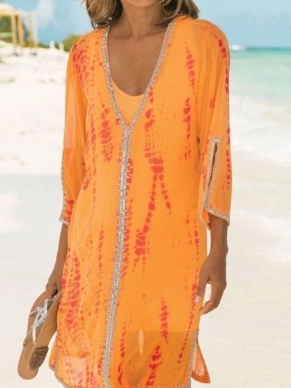 Soft Surroundings Orange Tie Dye Beaded Trim Caftan Swim Cover Up Small
